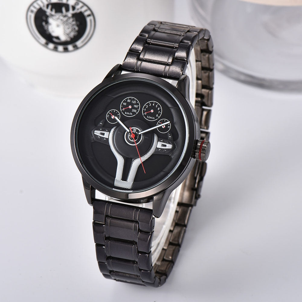 Creative Natrual style Classic precision Fashion Men's Quartz watch 3D Racing wheel Free Stainless Strap Clock Casual Sports - YYC Car Accessories