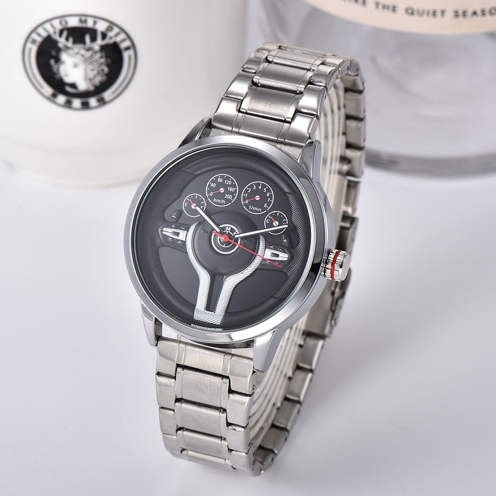 Creative Natrual style Classic precision Fashion Men's Quartz watch 3D Racing wheel Free Stainless Strap Clock Casual Sports - YYC Car Accessories