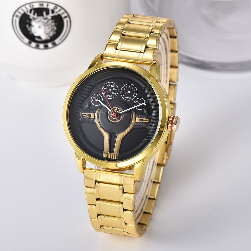Creative Natrual style Classic precision Fashion Men's Quartz watch 3D Racing wheel Free Stainless Strap Clock Casual Sports - YYC Car Accessories