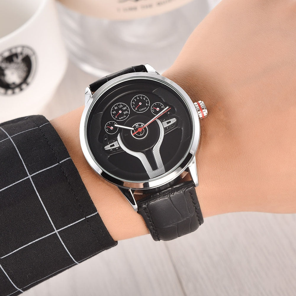 Creative Natrual style Classic precision Fashion Men's Quartz watch 3D Racing wheel Free Stainless Strap Clock Casual Sports - YYC Car Accessories