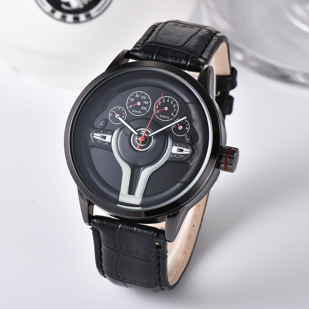 Creative Natrual style Classic precision Fashion Men's Quartz watch 3D Racing wheel Free Stainless Strap Clock Casual Sports - YYC Car Accessories