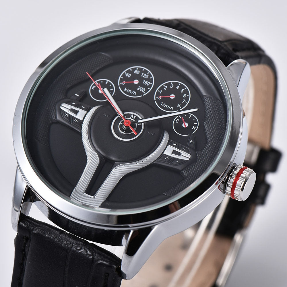Creative Natrual style Classic precision Fashion Men's Quartz watch 3D Racing wheel Free Stainless Strap Clock Casual Sports - YYC Car Accessories