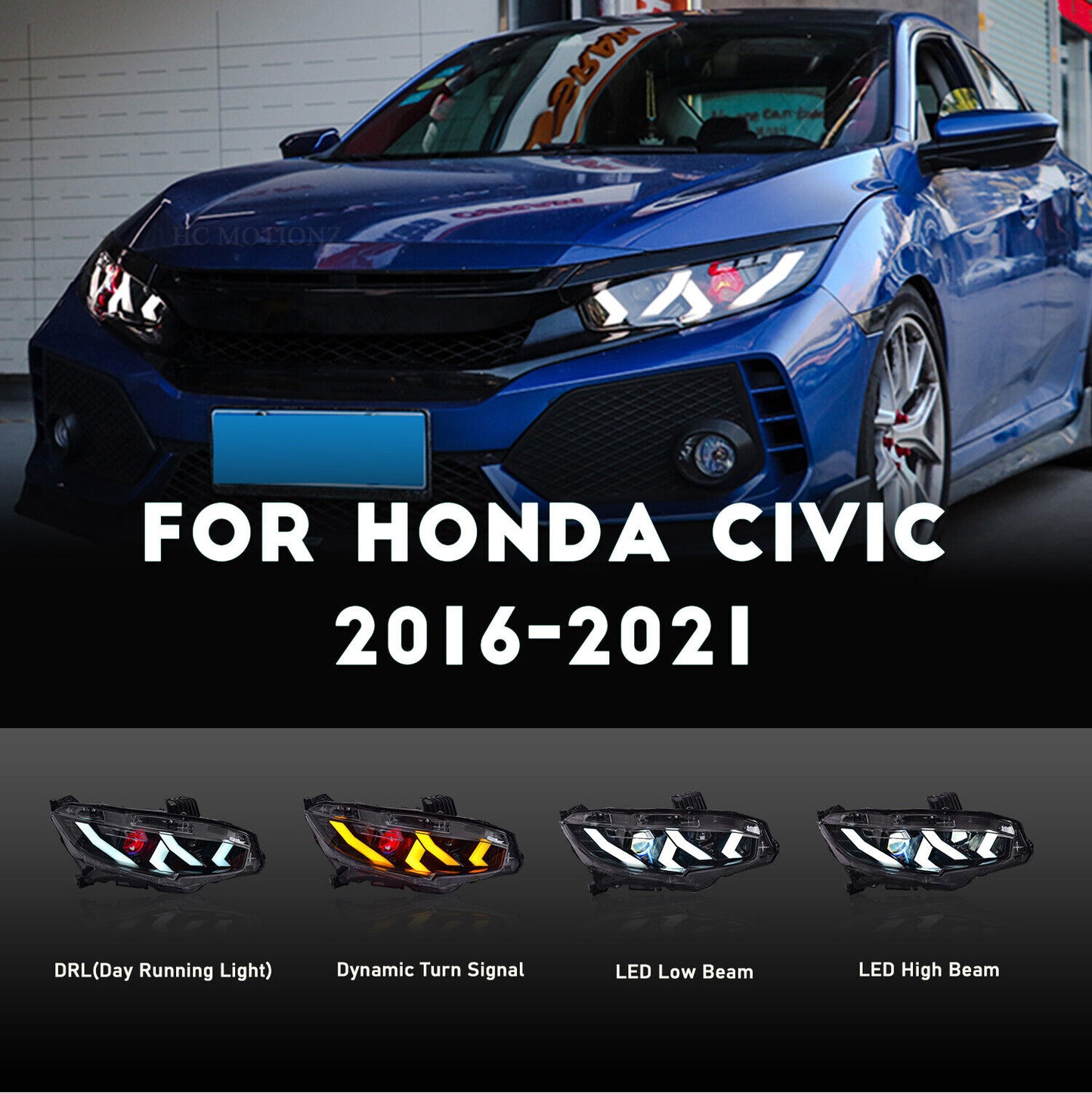 LED Headlights for Honda Civic 10Th Gen 2016-2021 Sedan Coupe Hatchback Type R Animation Sequential Indicator FK6 FK7 FK8 Front - YYC Car Accessories 