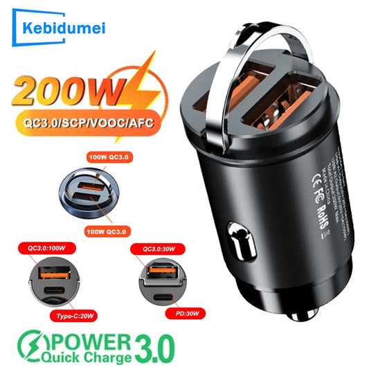 200W QC3.0 PD USB Super Fast Car Chargers Type C Quick Charge Adapter 100W USB C Phone Mini Charger For Iphone Huawei Samsung - YYC Car Accessories 